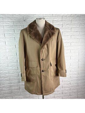 Vtg Casualcraft of NY Mid-Length Overcoat Khaki Twill Faux Fur Collar Lining 42R